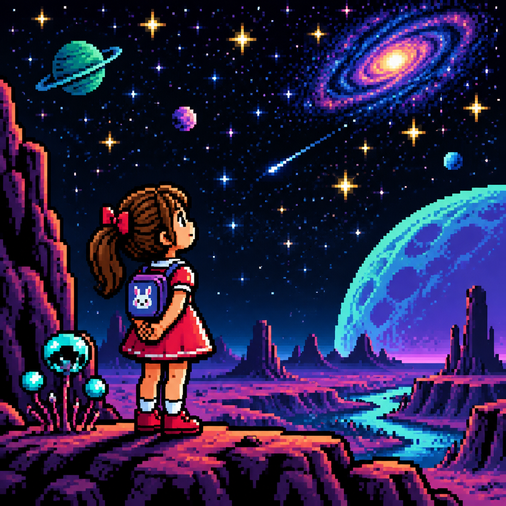 Little girl on an alien world looking up at stars hopefully