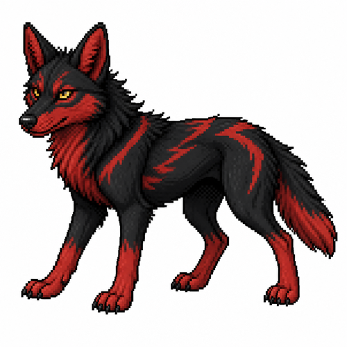 Black and red cartoon coyote (quadruped), full body, white background