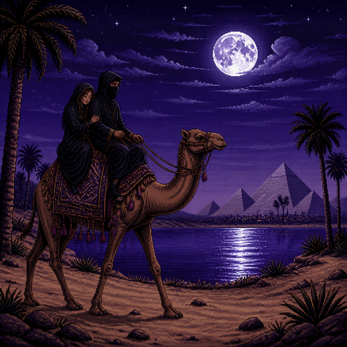 desert landscape at night, tall palm trees silhouetted against a deep purple and indigo night sky, full moon glowing above, distant pyramids on the horizon, calm water reflecting cool moonlight, two hooded lovers riding together on a camel, both wearing long black hooded cloaks, man seated in front holding the reins, man's face mostly concealed by his hood with a simple black cloth wrap covering the lower half of his face, only his eyes visible, woman seated behind him with her arms wrapped around him, leaning against his back, woman's hood draped loosely with strands of hair visible, camel with a long arched neck and detailed woven saddle blanket, camel's long legs and snout emphasized, desert dunes and sparse vegetation in the foreground, cool purple and deep blue tones with soft silver moonlight highlights, moody atmospheric lighting, sense of timeless romance and quiet mystery, 16-bit pixel art, dithered shading, limited color palette, hard pixel edges, retro game aesthetic, cinematic wide framing