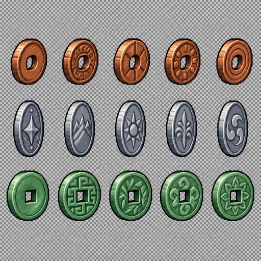 Create a 2D pixel art sprite sheet featuring 15 individual icons each exactly 32x32 pixels, arranged 5 horizontally and 3 vertically spaced evenly. Style: classic fantasy RPG, inspired by 16bit games, with crisp pixel art, clean outlines, subtle shading, and a cohesive color palette. Use a transparent background. Each Icon  should be centered within its 48x48 canvas and remain highly readable at small sizes. 

The 3 icons are: 

1: Plains region currency: copper coins, round copper coins with a round hole in the middle so they can be put on a rope.
2: Mountain region currency: silver coins, oval shaped silver coin with markings on it
3: Forest region currency: jade coins, round jade coins with a square hole in the middle

Requirements: 
	•	Each icon must be exactly 32x32 pixels.
  • All based off of real life variants.
   • All facing sideways so you see the side of their bodies.
	•	Output as a sprite sheet with each icon occupying its own 32x32 cell.
	•	Transparent background.
	•	No text, labels, borders, or UI elements.
	•	Consistent Fantasy RPG Aesthetic across all icons.
	•	High contrast and excellent readability for use in a game interface.
	•	Clean polished pixel art with enough detail for low resolution sprites.
	•	Avoid anti-aliasing, blurring, or painterly effects; preserve a true pixel art appearance.