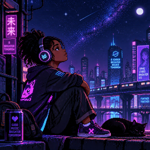 A young girl with dark skin listens to music under the stars