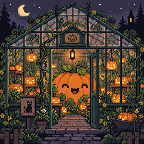 Cute Kawaii spooky 
pumpkin greenhouse. Glass panes, twisting vines, glowing gourds, and one enormous, smiling pumpkin.