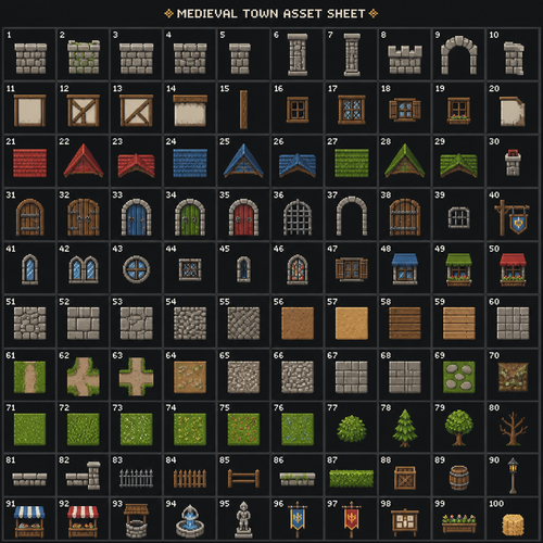 You generate me an entire 2d pixel medieval town asset sheet consisting of 100 evenly spaced wall, roof, path, grass, windows, doors, stone fences, etc to create an entire town. Have them be very clean and crisp lines and smooth 