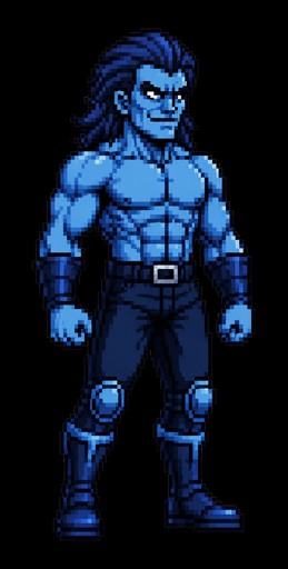 Pixel art of a blue-clad person standing against a black background.