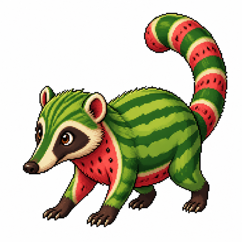 Cartoon watermelon coatimundi, full body, white background