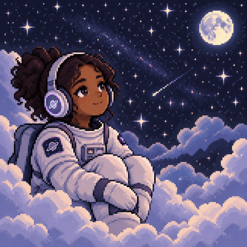 A young teen girl astronaut with brown skin and headphones is surrounded by fluffy clouds at night. Many stars are in background 