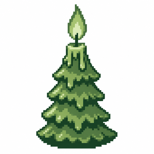 A tree-shaped candle with tiered branches and a detailed flame. White background 
