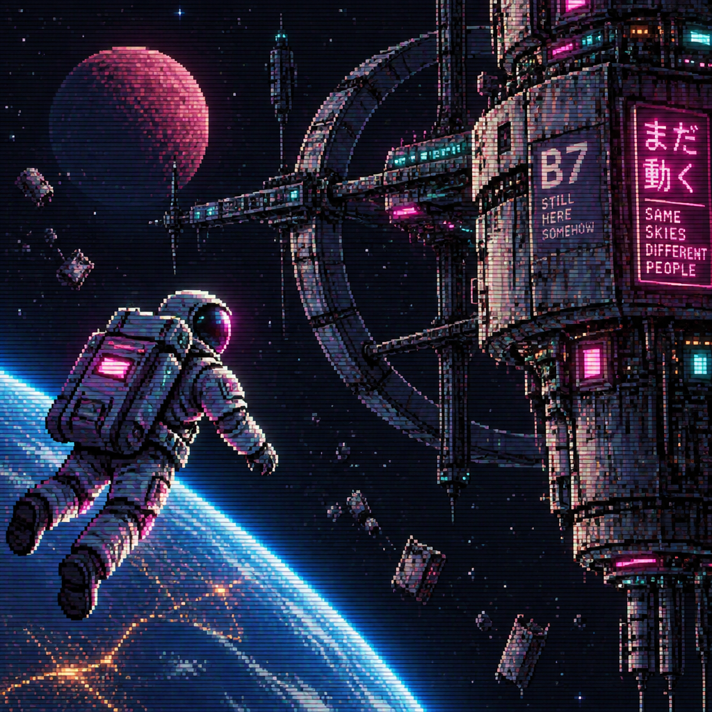 Astronaut floats in space next to an old space station