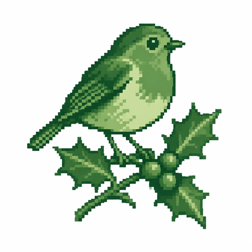 A robin perched on a short holly sprig treated as one isolated composition. White 
background