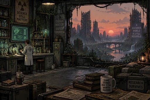 8-bit scientist lab, post apocalyptic vibe, landcape