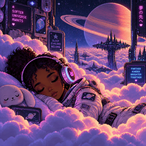 A Young dark skin astronaut girl with headphones sleeps surrounded by a Lot of puffy clouds and saturn rising in the background 
