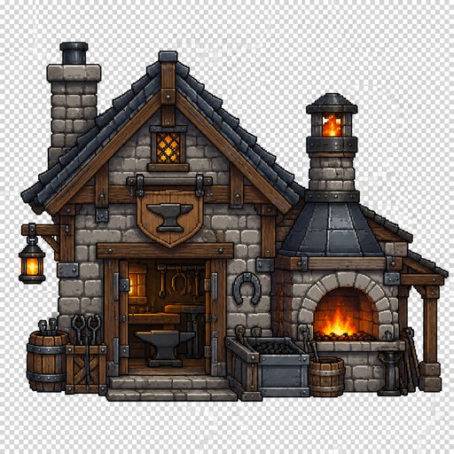 Can you generate me a fantasy style medieval 64x64 pixeled blacksmith shop front view on a completely transparent background. I want the store to be stone with small wooden details, as well as have an attached little forge and smelter section on the side of it.