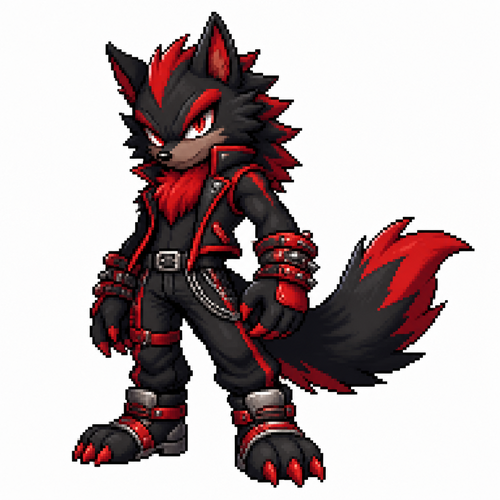 Black and red cartoon wolf, full body, white background