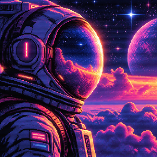 close-up profile of a faceless astronaut with a bubble helmet in front of clouds and stars. Colors are orange, pinks, blues and purples 
