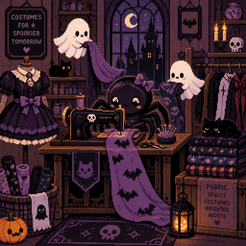 Cute spooky kawaii costume atelier. A Gothic sewing room with floating fabric ghost and a spider operating the machine.