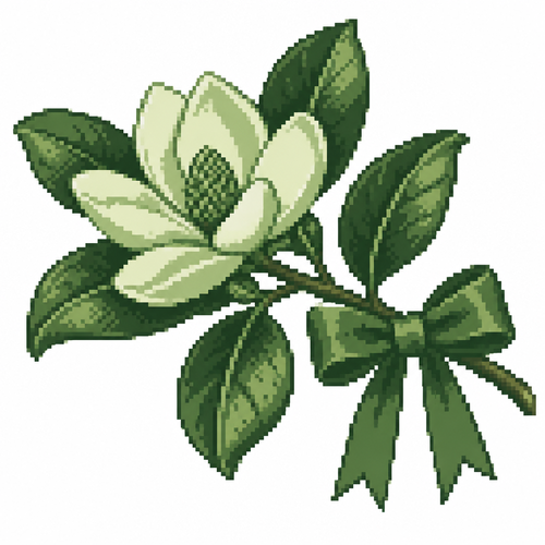 A magnolia branch with leathery leaves and a single attached Christmas bow. White background.