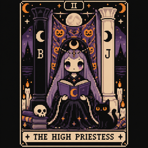 Spooky cute kawaii Halloween Tarot card- high priestess