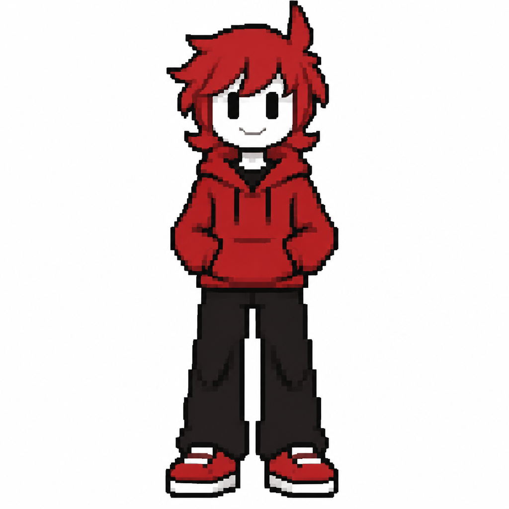 Jaiden animations but with the clothes and hair of the character original character red boy, full body front perspective