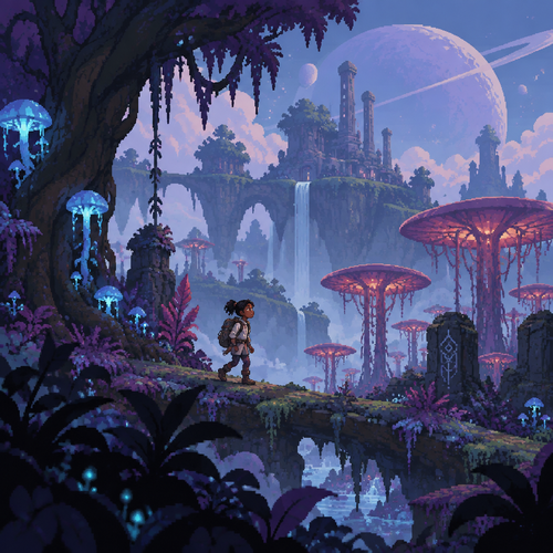 Young girl with dark skin walks through an alien forest, seen from a distance 