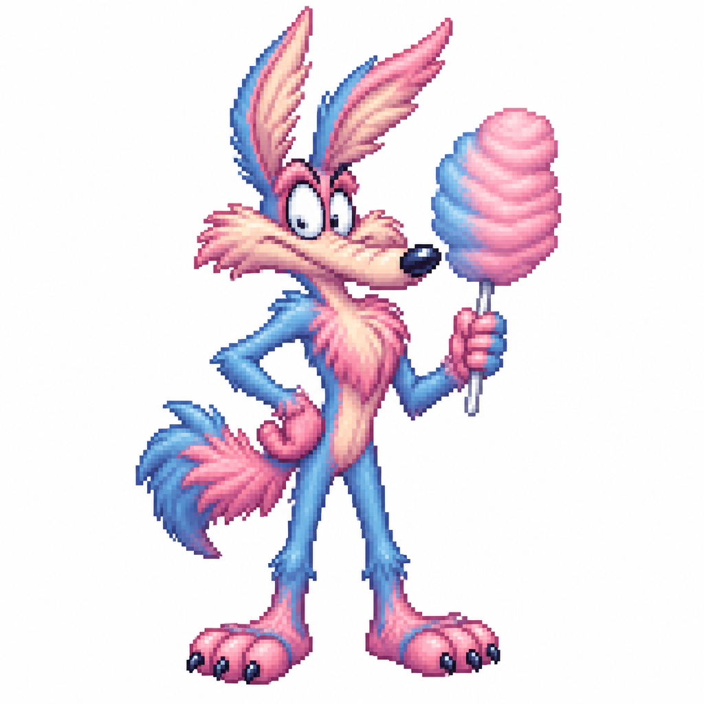 Cartoon cotton candy coyote, full body, white background