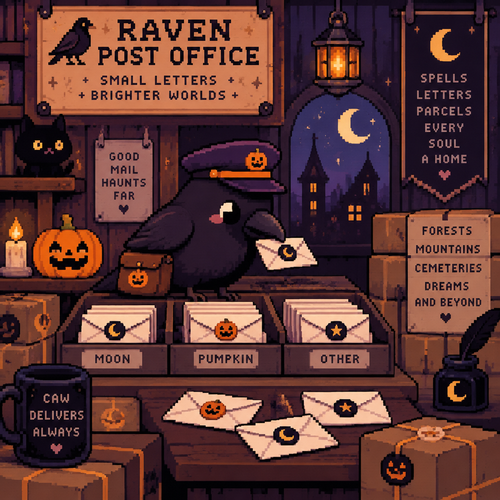 Cute Kawaii spooky Raven post office. A raving sorting tiny letters, sealed with moons and pumpkins.