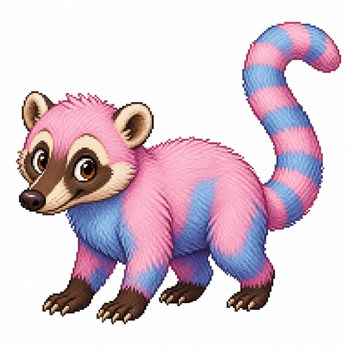 Cartoon cotton candy coatimundi, full body, white background