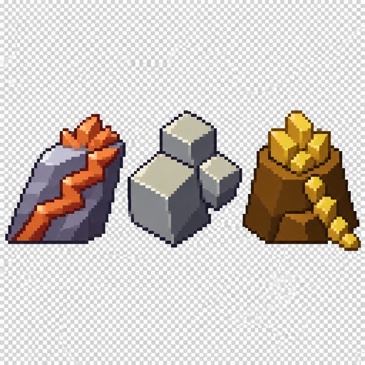 Pixel art sprite sheet of 3 cozy, charming game inventory icons in a row, each 32x32, on a transparent background, chunky cute proportions, angular faceted shapes with no circles, no round blobs and no oval forms, every item looks like a little treasure. Crisp 1px dark outline, flat color bands with no gradients, no dithering, no anti-aliasing, no sparkle stars, no dot patterns, light coming from the top-left, a bright edge along the top-left faces, darker lower-right faces, one glossy single-pixel shine on every shiny face. The three icons must have completely different silhouettes and structures, nothing shared. Icon 1, Copper Ore: a slanted, wedge-shaped grey rock slab tilted to the right, with one thick zigzag copper vein cutting across it like a lightning bolt and a few flat copper flakes peeking out of its top edge; rock colors outline #2a2740, #403b5c #5a5677 #7b7798 #a09cba, highlight #d0cee0; copper colors #801b18 shadow, #ad3e23 mid, #e6783c light, #ffdab7 shine. Icon 2, Iron Ore: a cluster of 3 chunky stacked iron cubes of different sizes growing out of each other at slight angles, like a pyrite crystal cluster, the biggest cube at the bottom-left, with clean sharp metal faces; iron colors #2a283a outline, #4d4e5a dark face, #747a85 shadow, #979e99 mid, #cecbb6 light, #e4e0ca shine. Icon 3, Sulfur: a short, squat, angular volcanic chimney of dark rock with flat-cut sides, its open top overflowing with chunky yellow sulfur crystals that spill down one side in jagged steps; chimney colors #261606 outline, #45270b, #693d13; sulfur colors #915b1c shadow, #bf9128 mid, #d9c23a light, #ffd26e shine. Use only these exact hex colors.