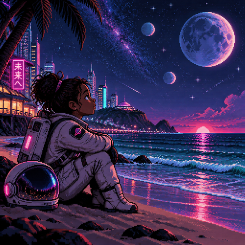 A young astronaut girl with dark skin watches stars and moons from a beach