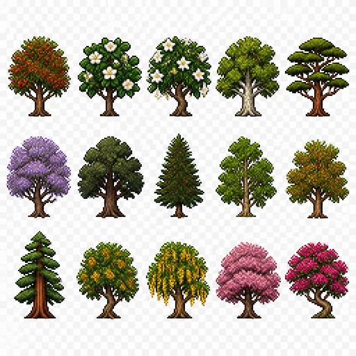 Create a 2D pixel art sprite sheet featuring 15 individual icons each exactly 32x32  pixels, arranged 5 horizontally and 3 vertically spaced evenly. Style: classic Realism RPG, inspired by 16bit games, with crisp pixel art, clean outlines, subtle shading, and a cohesive color palette. Use a transparent background. Each Icon  should be centered within its 32x32 canvas and remain highly readable at small sizes. 

The 15 icons are: 
1: Mountain Ash Tree
2: Southern Magnolia Tree
3: Moonflower Tree
4: Sycamore Tree
5: Mountain Mahogany Tree
6: Jacaranda Tree
7: Dark Oak Tree
8: Pacific Yew Tree
9: Alder Tree
10: Boxelder Tree
11: Great Redwood Tree
12: Peltogyne Tree
13: Chloricardium Tree
14: Ipe Tree
15: Bougainvillea Tree

Requirements: 
	•	Each icon must be exactly 32x32 pixels.
  • All based off of real life variants.
   • All facing sideways so you see the side of their bodies.
	•	Output as a sprite sheet with each icon occupying its own 32x32 cell** DO NOT GO OUT PAST THESE PARAMETERs**
	•	Transparent background.
	•	No text, labels, borders, or UI elements.
	•	Consistent Fantasy RPG Aesthetic across all icons.
	•	High contrast and excellent readability for use in a game interface.
	•	Clean polished pixel art with enough detail for low resolution sprites.
	•	Avoid anti-aliasing, blurring, or painterly effects; preserve a true pixel art appearance.