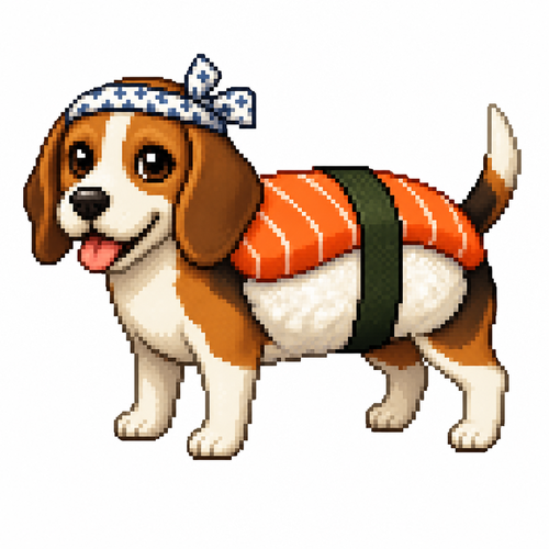 Cartoon sushi beagle, full body, white background