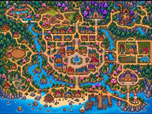 Colorful pixel art map of a coastal fantasy town with waterways and boats