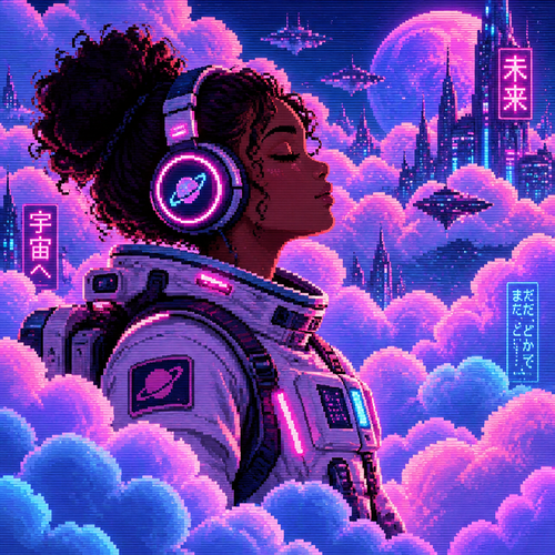 Profile of Young dark skin astronaut girl with headphones and eyes closed standing surrounded by a Lot of puffy clouds.