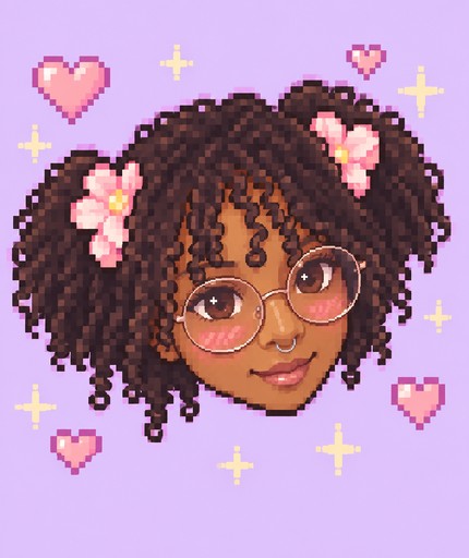 Pixel art portrait of a person with curly hair, glasses, and floral accents on lavender.