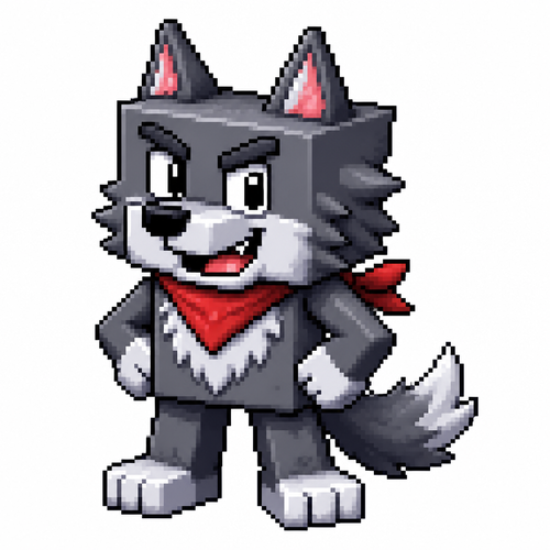 Cartoon cube wolf, full body, white background