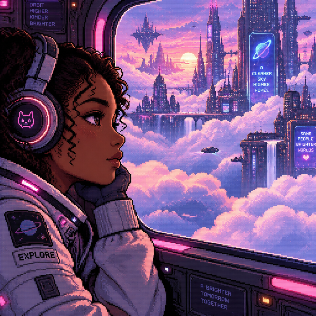 Close up of Young dark skin astronaut girl with headphones looks out her window at a city in the clouds. Lots of clouds.