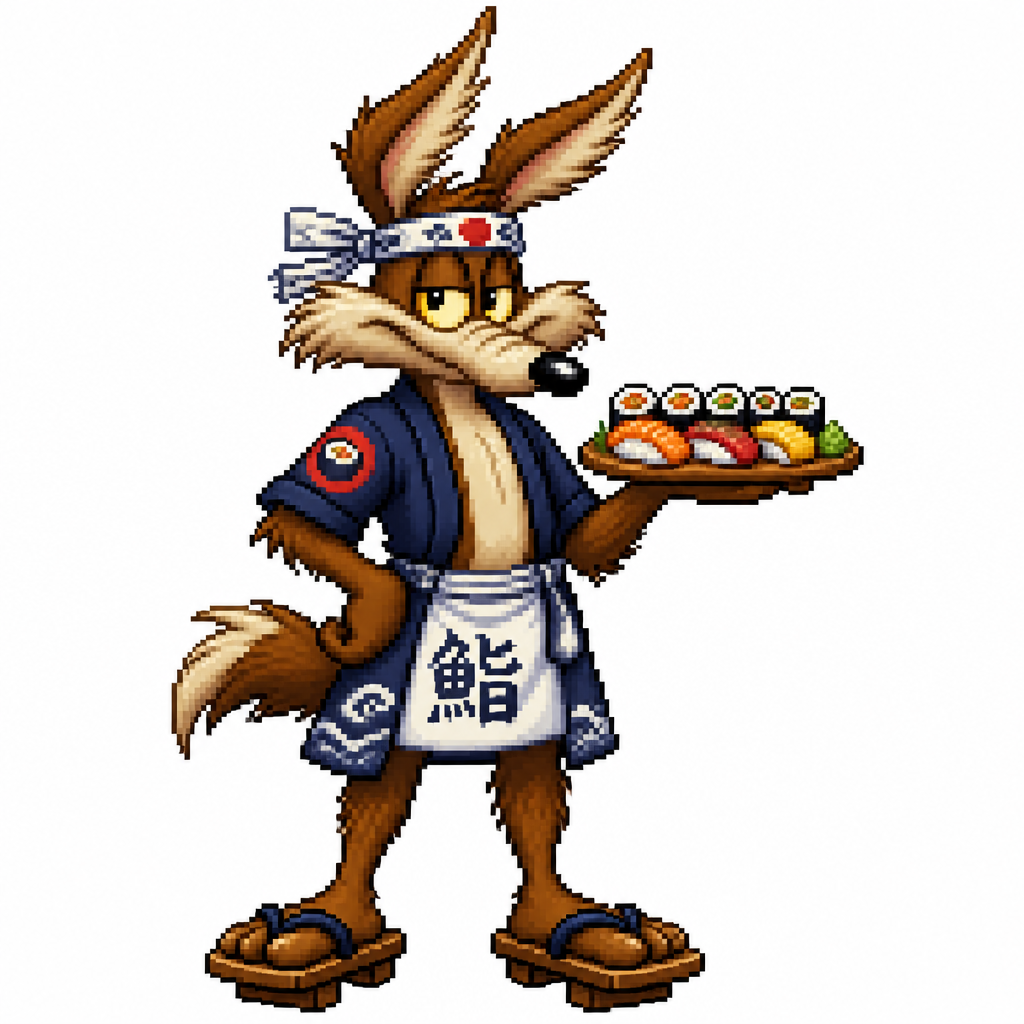 Cartoon sushi coyote, full body, white background
