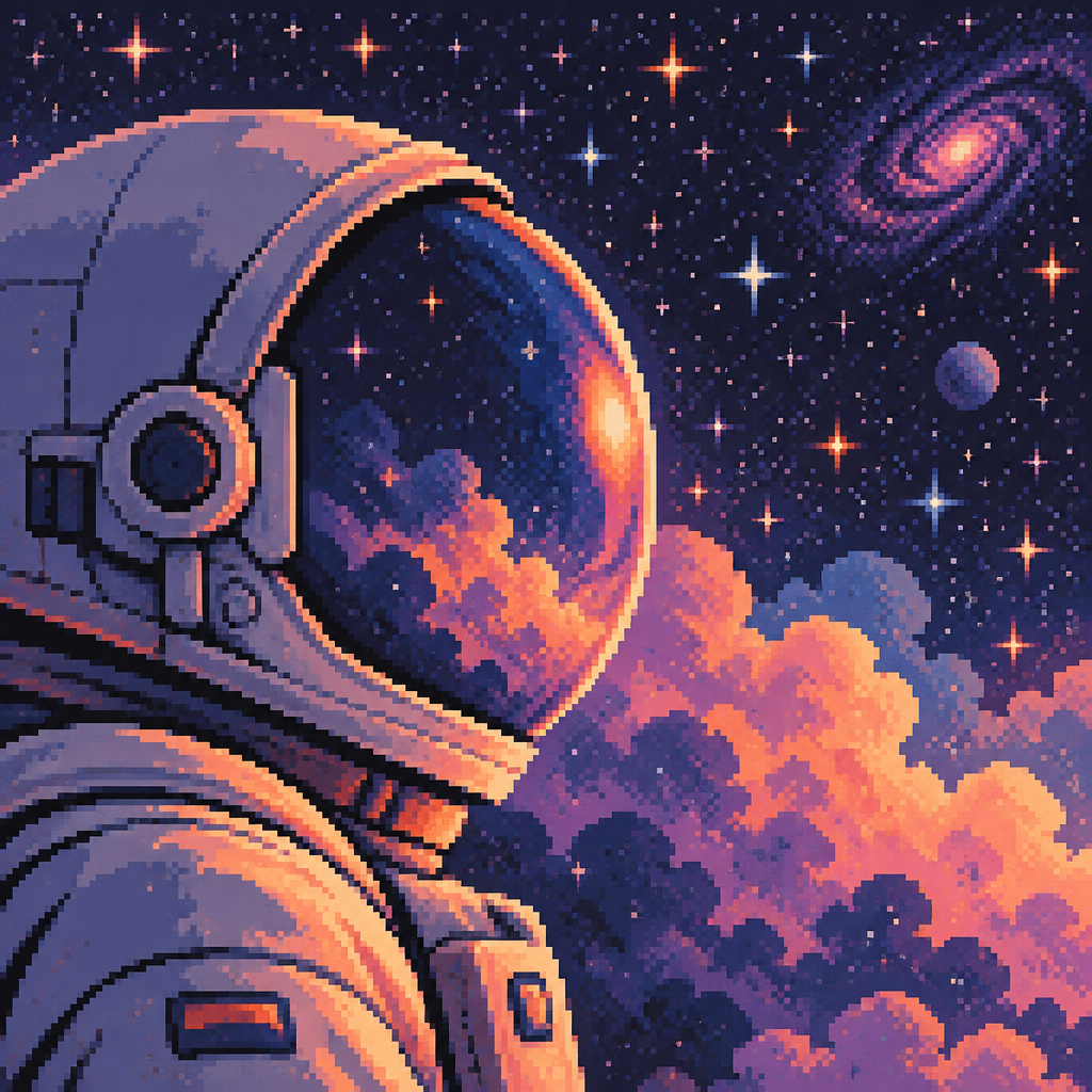 close-up profile of a faceless astronaut with a bubble helmet in front of clouds and stars. Colors are orange, pinks, blues and purples add more stars in background