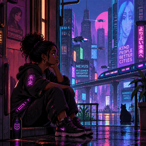 A young girl with dark skin sits in a doorway in a neon future city thinking
