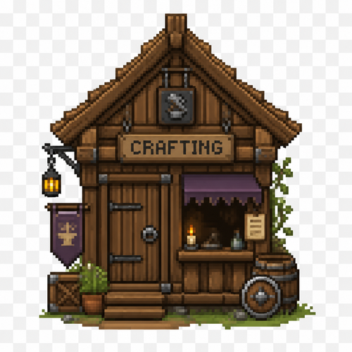 Can you generate me a fantasy style medieval 64x64 pixeled crafting shop front view on a completely transparent background. I want the store to be wooden with small wooden details. Add some decorations around the outside.
