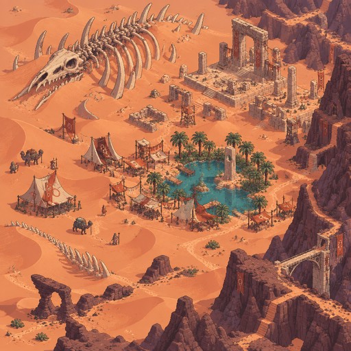 isometric pixel art of a desert region with a ruins with grid-like bricks,  a nomad camp like in sable, and a small bazaar centered around an oasis, lots of dunes, giant skeleton very pointy visible, sand light reddish-orange, bordered by mountains on the right side both up and down