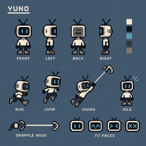 16x16 oc for a chill webcore game, his name is yuno. he has a grappling hook, but he uses it to swing around, not attack. i need it very simple. make him with a tv head, no sweater. and simple boots
