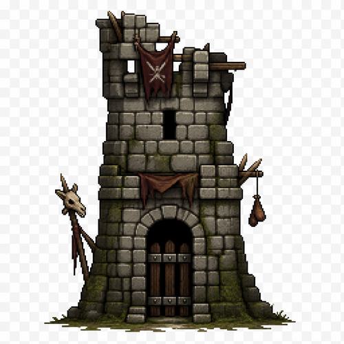 Can you generate me a fantasy style medieval 64x64 pixeled bandit tower front view on a completely transparent background. I want the tower to be run down ruined mossy stone. The outside can have some small bandit style decorations like a coyote skull on a pike or something