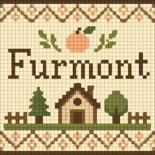 Create a 32×32 pixel art image for an Animal Crossing: New Horizons custom design. The canvas must contain exactly 32 columns × 32 rows of discrete square cells. Each cell must be a single, completely uniform solid color. NO gradients, shading, anti-aliasing, texture, dithering, highlights, transparency, or multiple colors within any individual cell. Every color change must occur only at the boundary between two cells. Make every pixel a perfect square of identical size. Add a thin grid line around every individual 1×1 pixel cell so all 32×32 cells are clearly visible. It should say Furmont in beige, brown, neutral colors with a peach and work as the town flag. Use a limited color palette and hard edges only. Do not create details smaller than one pixel.