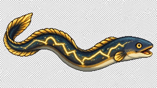 Create a 2D pixel art sprite of an electric eel for a cozy fishing game.
Style: retro pixel art, crisp edges, transparent background, side view, facing right.
Design: long eel body, yellow-gold electric accents, subtle lightning-like pattern, smooth readable silhouette.
Cute-game style but still special and recognizable.
No text, no frame, no background scenery, no UI.
Transparent background only.