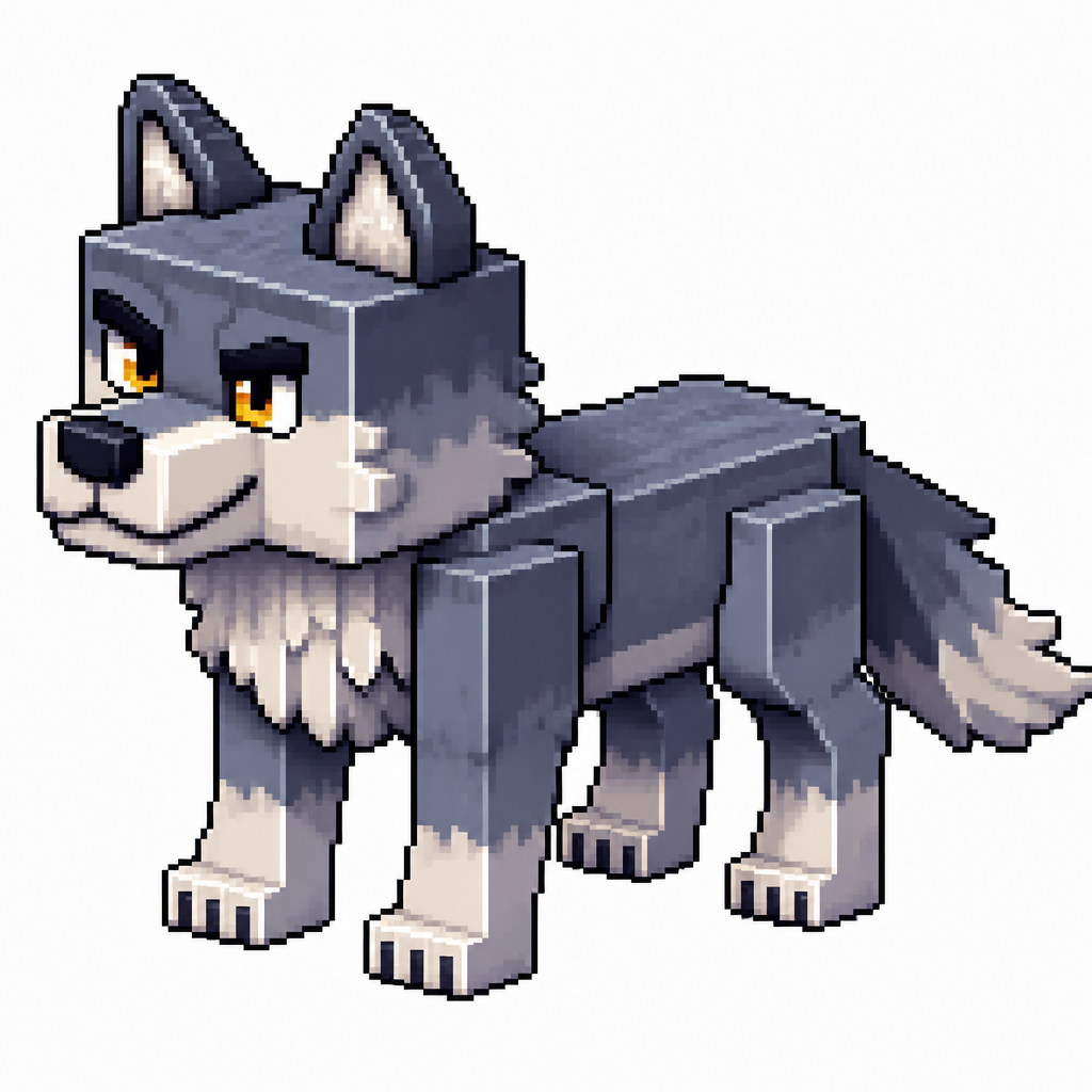 Cartoon cube wolf (quadruped), full body, white background