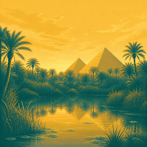 soft painterly gouache illustration, golden hour over a dense palm oasis with pyramids
rising beyond the tree line, strictly limited color palette (2-3 tones maximum): teal and
gold only, no other hues, a still reflecting pool surrounded by lush reeds, empty of people
and animals, open sky for overlay, no text