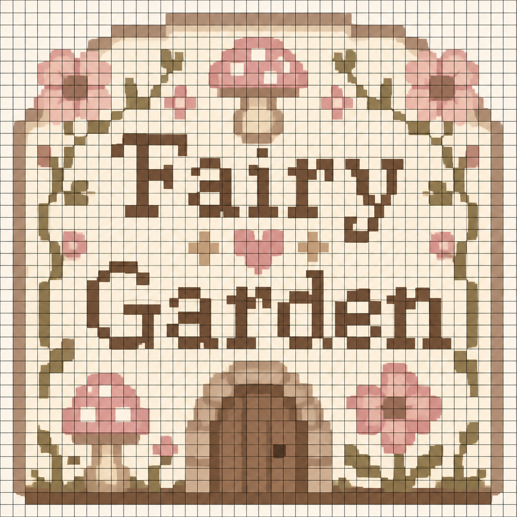 32x32 that says Fairy Garden in beige, brown, pink neutral colors. Keep each pixel one color and overlay a grid so I can see each pixel