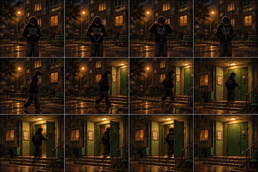 Pixel art of a person walking through a dimly lit urban alley at night.