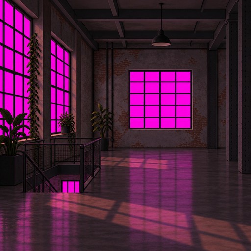 Pixel art hallway with glowing pink windows and reflections on a tiled floor