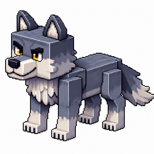 Cartoon cube wolf (quadruped), full body, white background